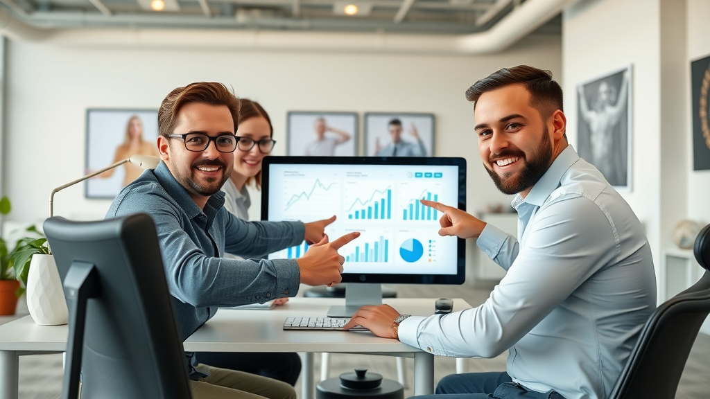 Professional digital marketers collaborating on SEO strategies in a Myrtle Beach themed office, analyzing trend charts, high-definition photorealism