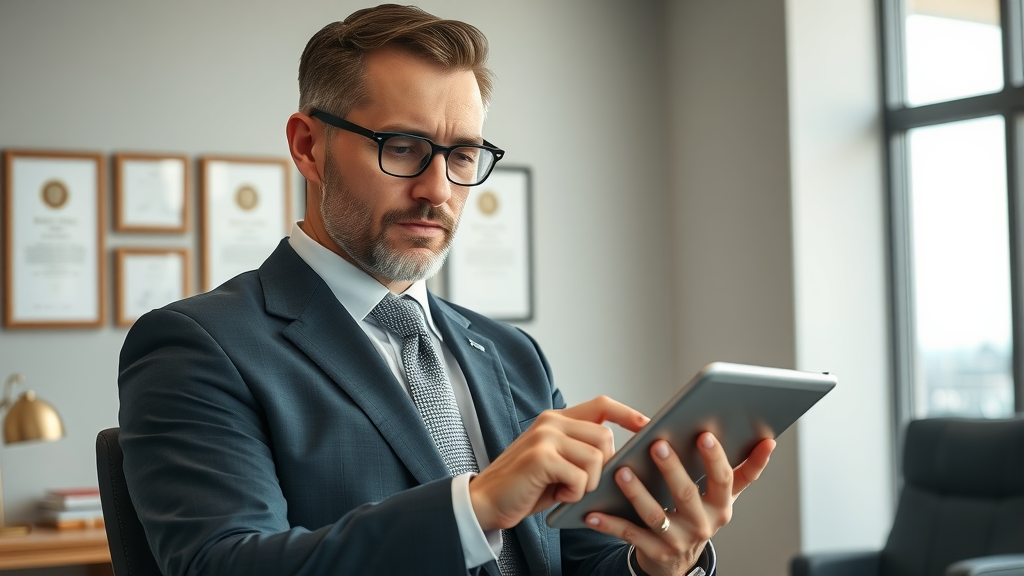 professional attorney in modern office, confident and approachable, reviewing digital tablet, elegant Myrtle Beach law office with certificates and cityscape visible, reputation management for Myrtle beach law firms