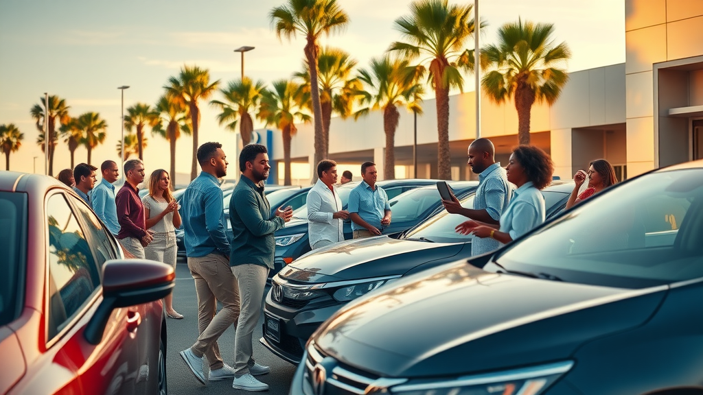 best car dealership retargeting in myrtle beach vibrant auto dealership lot with car buyers and staff under palm trees