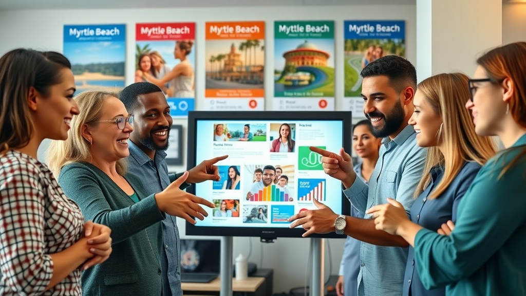 media content creators brainstorming Myrtle Beach social posts on touchscreen with analytics