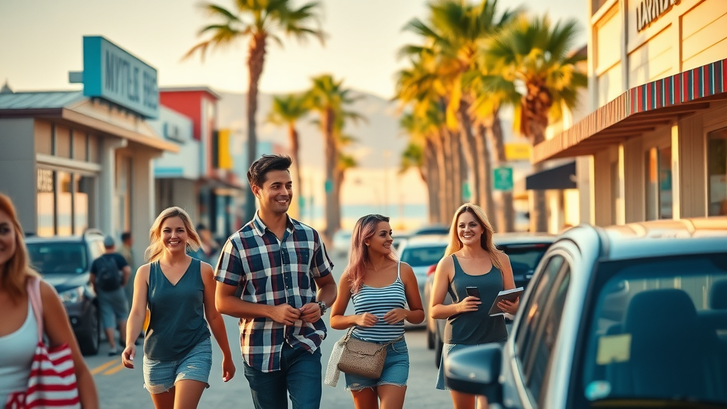 local seo myrtle beach Vibrant Myrtle Beach business district with cheerful entrepreneurs, sandy beach and palm trees in background, storefronts at golden hour