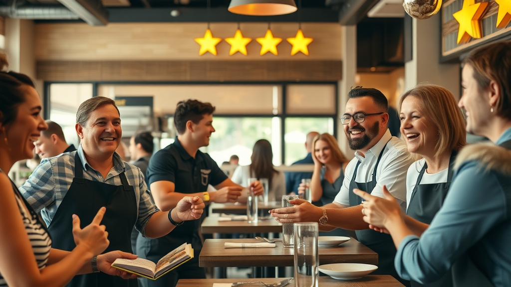 restaurant staff and customers celebrating positive online reputation management turnaround