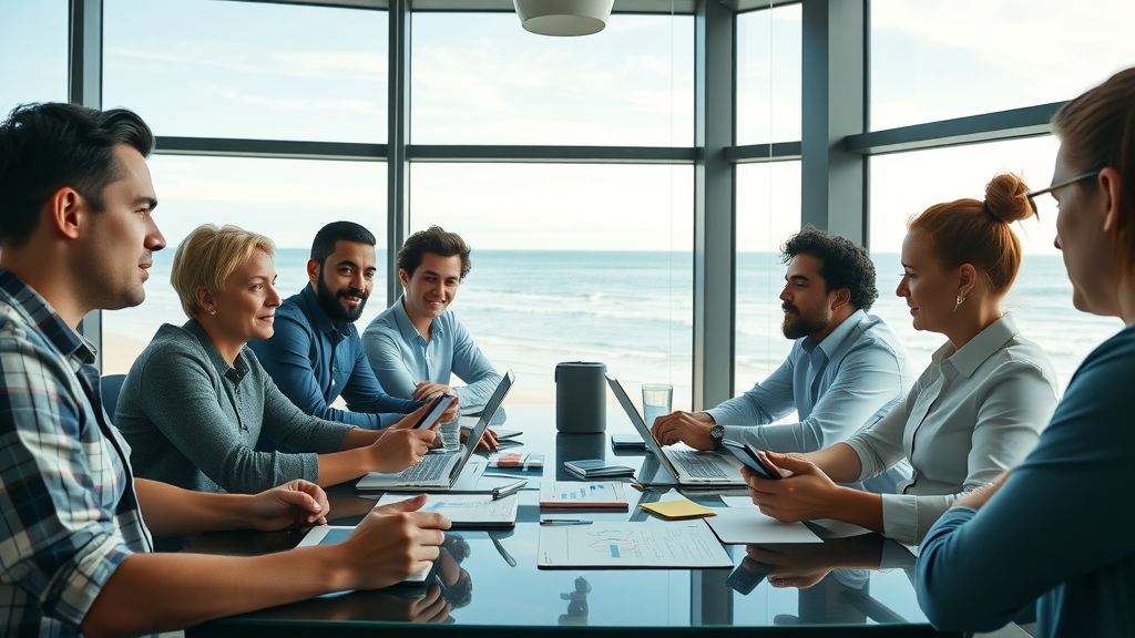 affordable social media marketing myrtle beach - social media marketers brainstorming strategy overlooking Myrtle Beach coastline