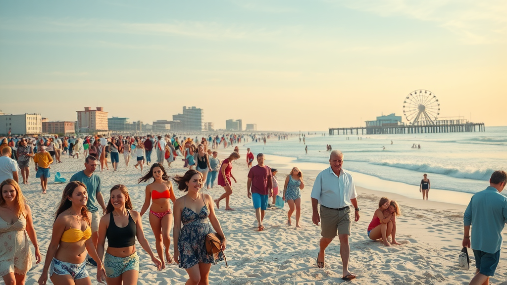 social media content creation Myrtle Beach shoreline with vibrant activity, tourists, and boardwalk Ferris wheel