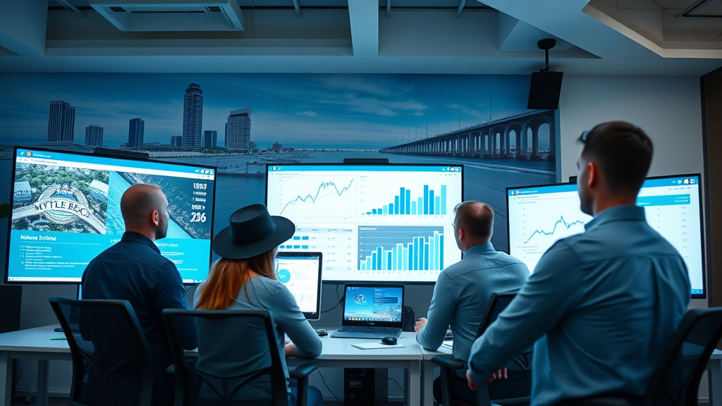 marketing agency in Myrtle Beach, team analyzing digital campaigns, Myrtle Beach mural backdrop
