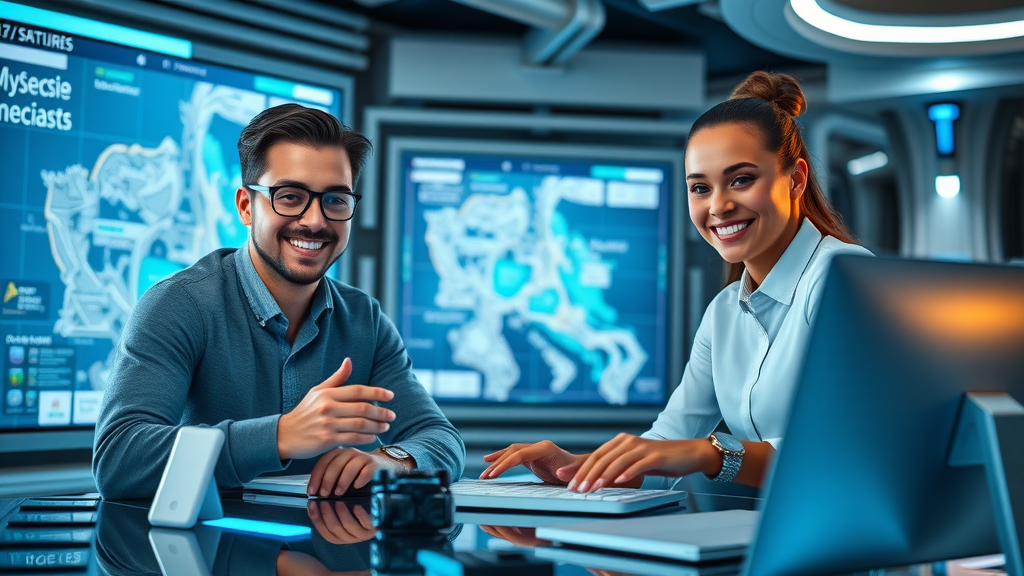 motivated social media specialists managing digital campaigns and internet marketing for Myrtle Beach SEO services, with innovative workspace and interactive digital boards.