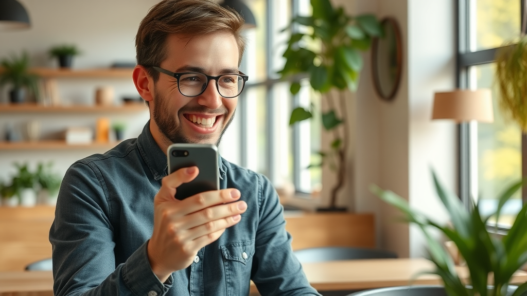 happy customer using mobile to leave 5-star online review as part of positive review response techniques