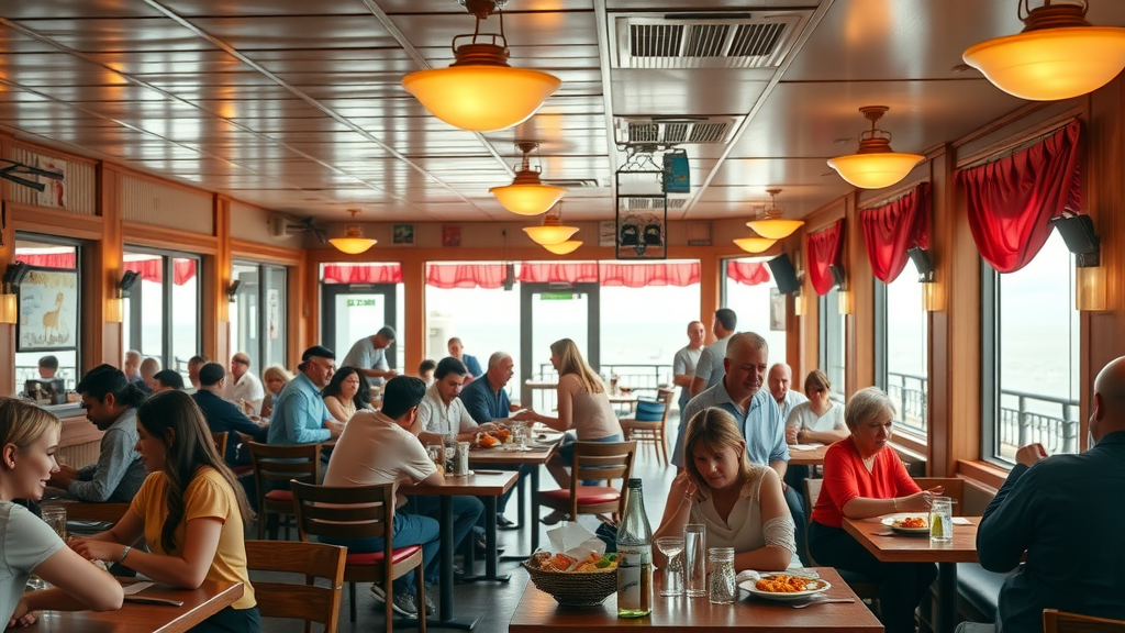 Vibrant Myrtle Beach restaurant bustling with diners, stunning seaside views, and lively interactions - best social media strategies for Myrtle Beach restaurants