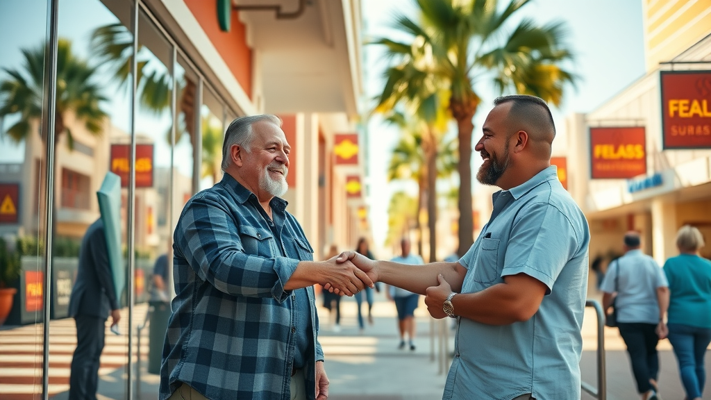 Myrtle Beach search engine optimization success, local business owners celebrate rankings boost outside vibrant shopfront, sunlight, palm-lined streets, high realism
