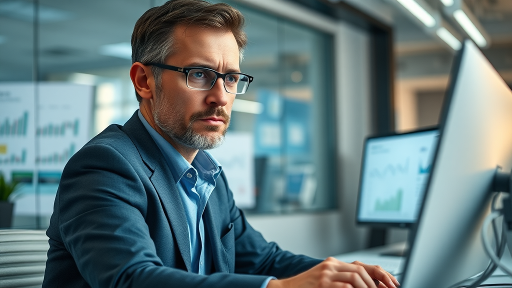 serious business owner analyzing online reputation management metrics