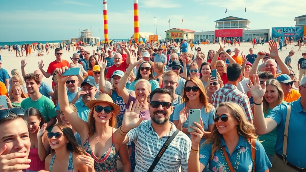 Myrtle Beach crowd participating in a branded social media beach event, demonstrating local business engagement via marketing campaigns