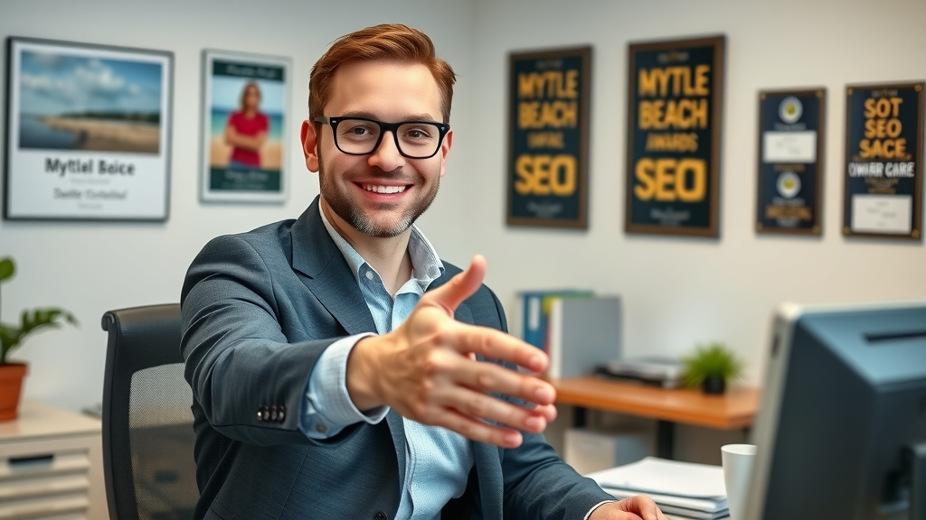 Professional SEO consultant at Myrtle Beach office desk, handshake motion - reputation marketing and local SEO Myrtle Beach expert