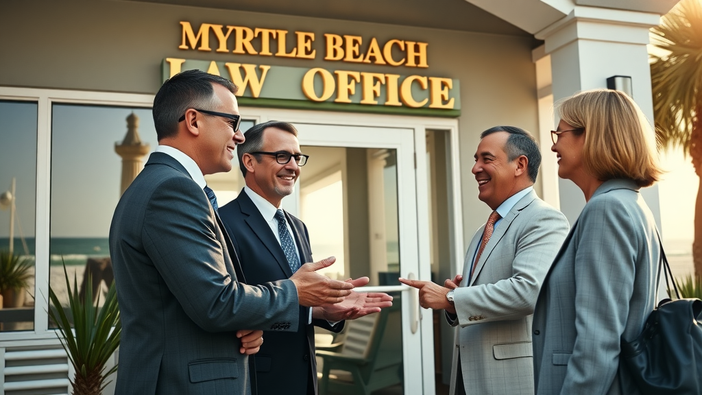 Myrtle Beach attorneys greeting a client outside vibrant law office, coastal landmarks in background