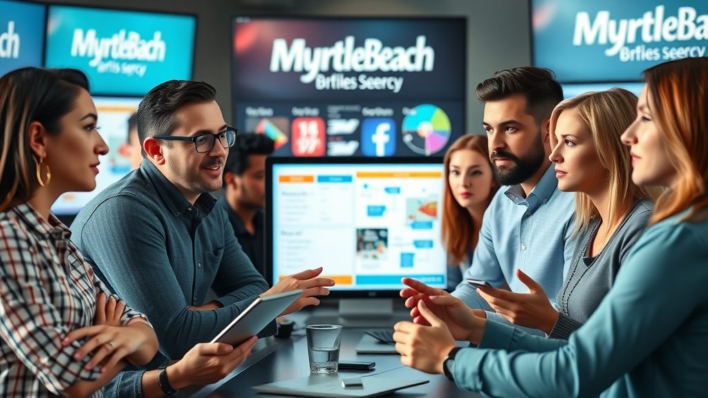 Marketing agency strategizing affordable retargeting Myrtle Beach, digital marketing and website design flowcharts