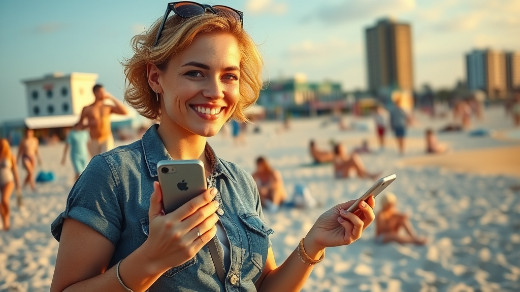 Beachside small business owner posting to social media with Myrtle Beach shoreline in the background, showcasing digital marketing engagement