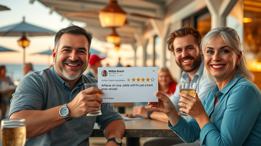 Successful Myrtle Beach business owners celebrating positive online reviews, reputation marketing success