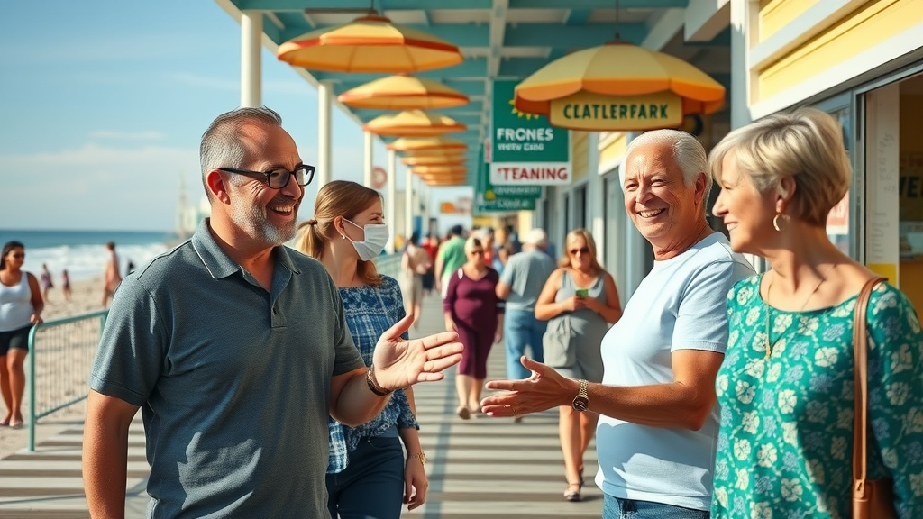 vibrant Myrtle Beach boardwalk with business owners smiling and engaging with customers. Myrtle Beach SEO services scene, bustling boardwalk with ocean views and local shops.