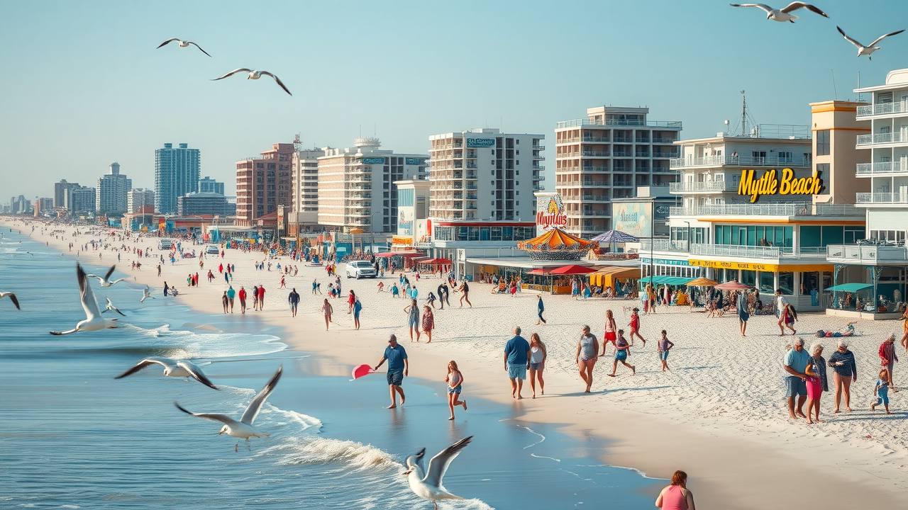 Main industry in Myrtle Beach portrayed by bustling resort area and local attractions