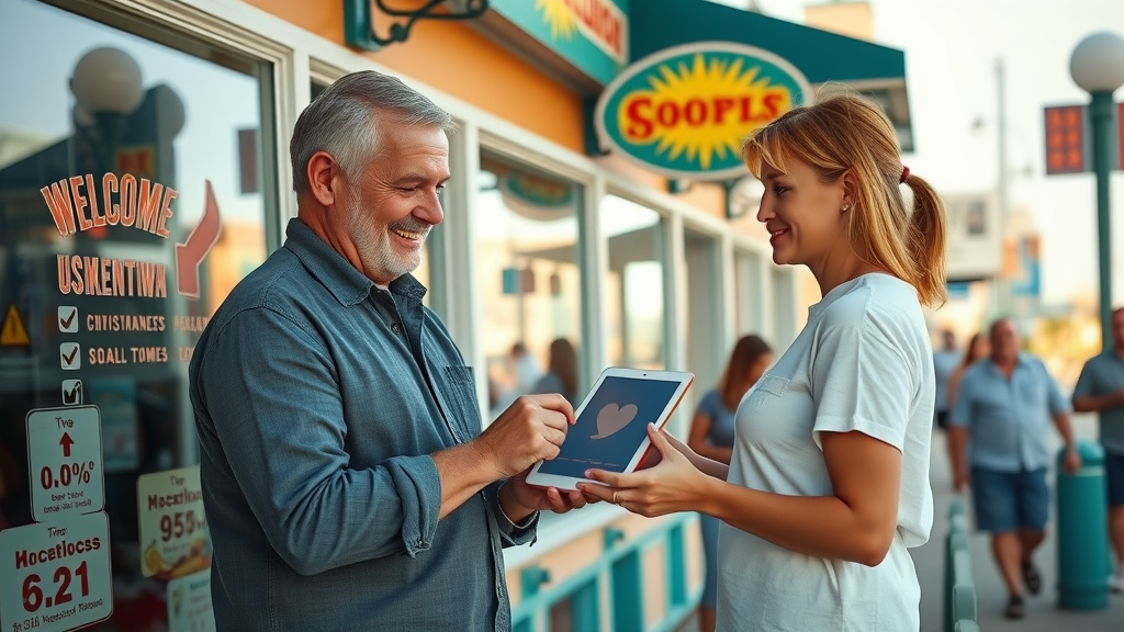 vibrant local Myrtle Beach storefront with owners checking a tablet displaying social media engagement statistics on the boardwalk