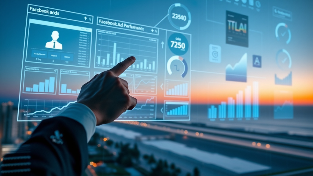 Dynamic visualization of Facebook ads performance dashboard business professional pointing at screen futuristic digital screens over Myrtle Beach skyline
