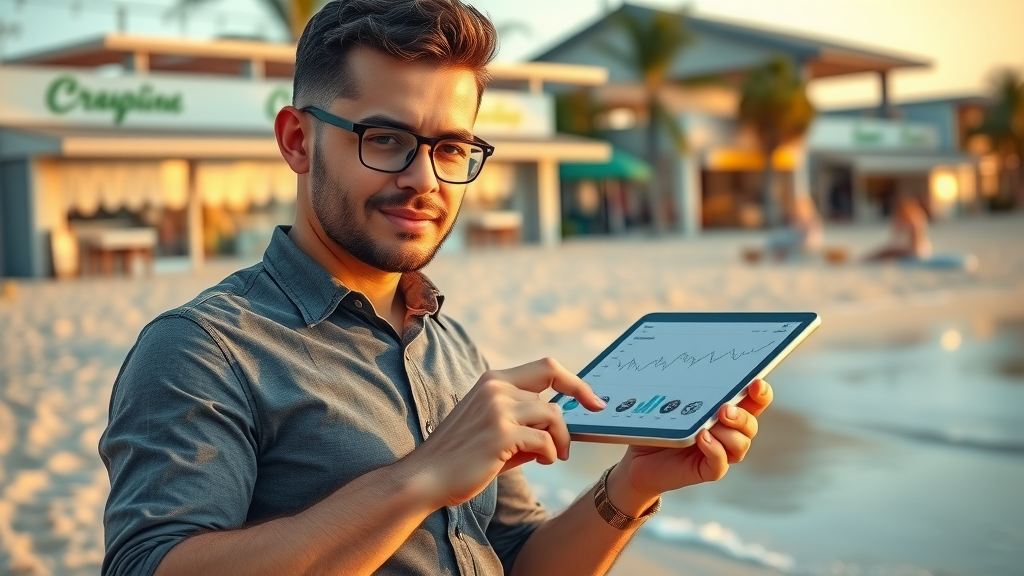 Confident small business owner at beachfront store, checking analytics - local SEO Myrtle Beach