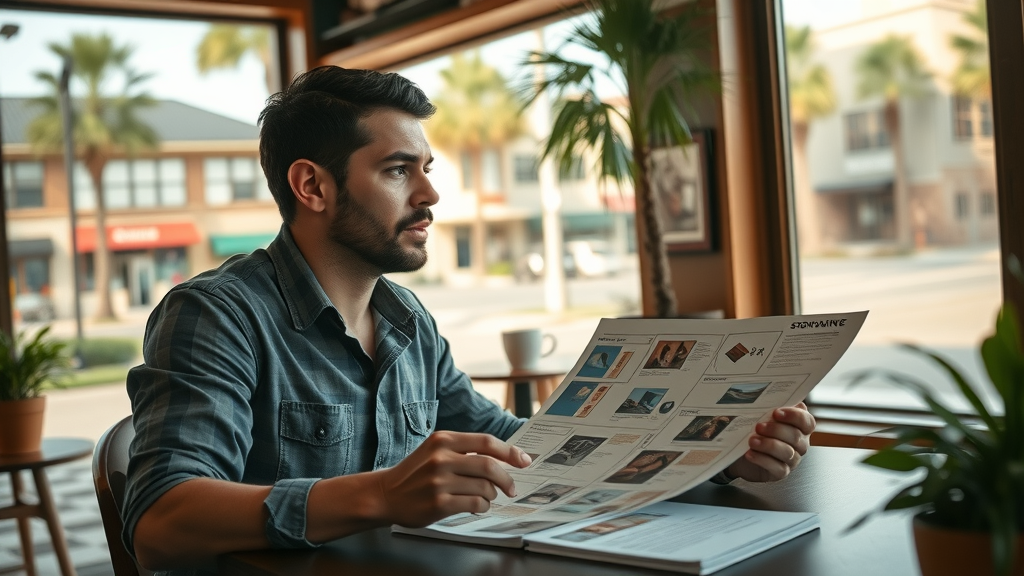 motivated entrepreneur planning a Myrtle Beach content series with strategy notes in coffee shop