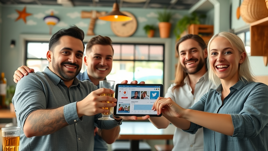myrtle beach local restaurant team celebrating social media agency boosted stats on tablet beach-themed decor
