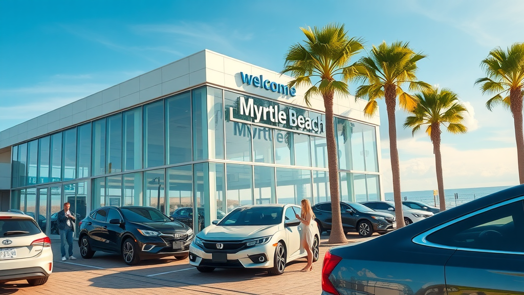 Vibrant Myrtle Beach car dealership exterior with modern glass showroom, customers browsing vehicles, sunny beachfront cityscape with palm trees