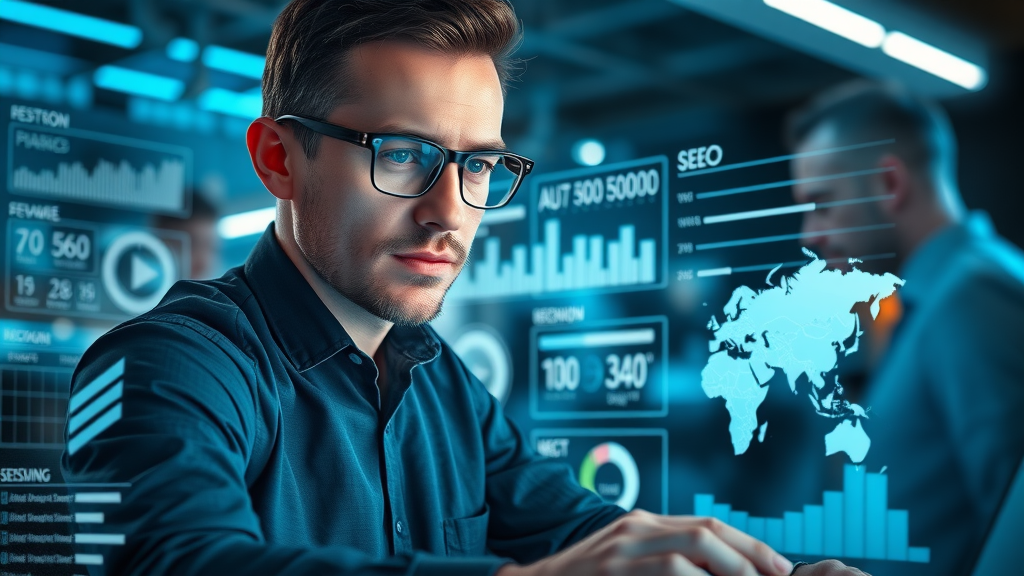 SEO analyst optimizing Myrtle Beach car dealerships website, digital workspace, holographic SEO charts, Myrtle Beach map