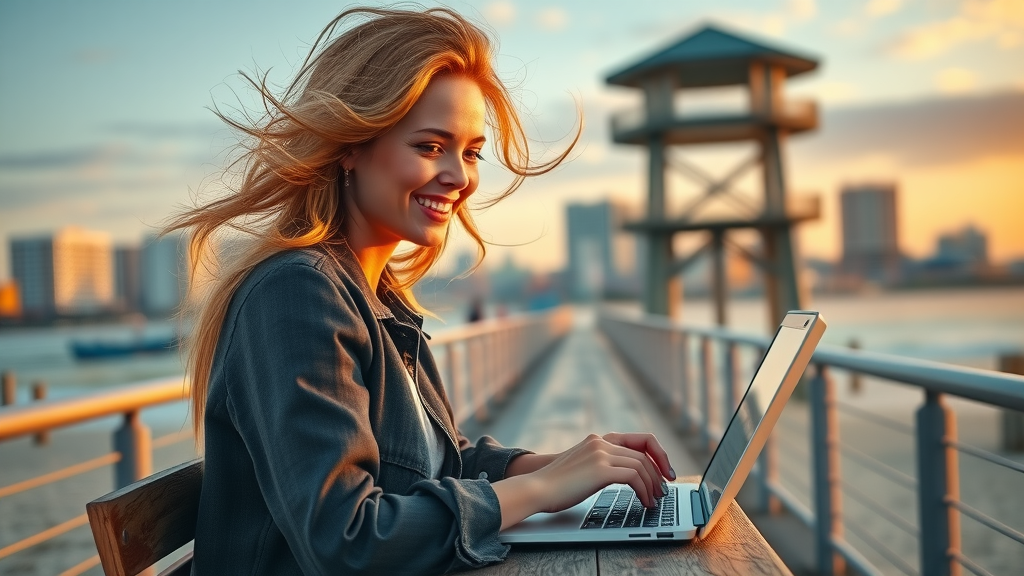 content marketing Myrtle Beach, professional blogger at Myrtle Beach pier typing on laptop, pier and beach town skyline, wind tousling hair, photorealistic