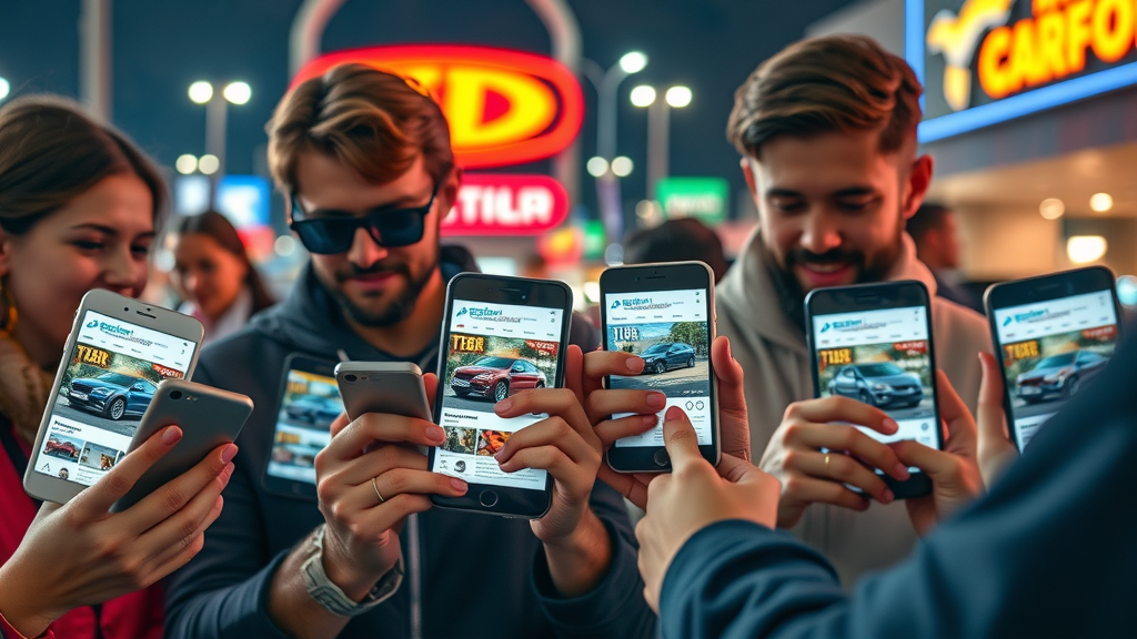 mobile devices showing car ads, vibrant Myrtle Beach dealership signage and digital banners, car dealership retargeting platforms
