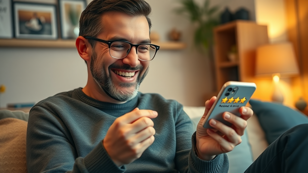 Enthusiastic customer leaving a five-star online review for a brand, highlighting successful reputation marketing strategies.