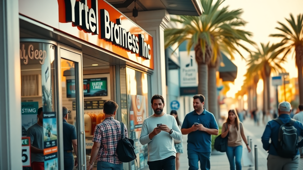 seo services for Myrtle Beach businesses, dynamic Myrtle Beach storefront, with digital marketing signage, palm-lined streets, and customers using smartphones, photorealistic