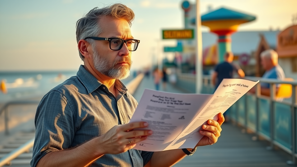 Entrepreneur reviewing SEO agency proposals on Myrtle Beach boardwalk, ocean and vibrant shops in backdrop, thoughtful expression
