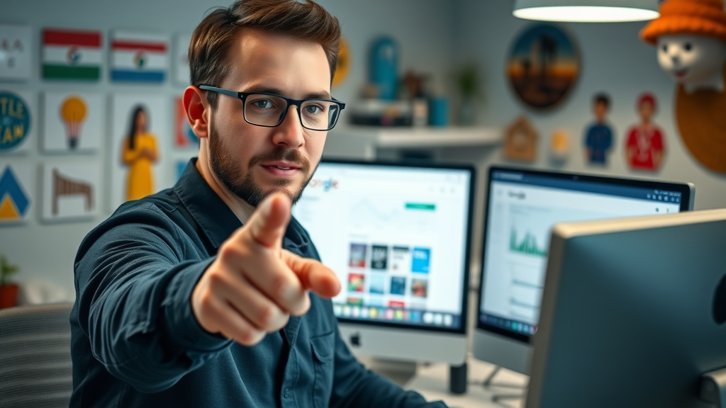 local seo Myrtle Beach, detailed Google Business Profile dashboard with marketing manager pointing, Myrtle Beach souvenirs in background, photorealistic