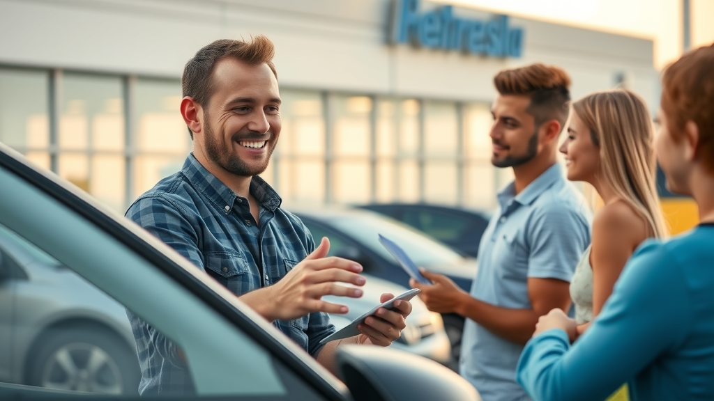 friendly Myrtle Beach car salesman showing vehicle features to young customers, dealership lot with ocean background