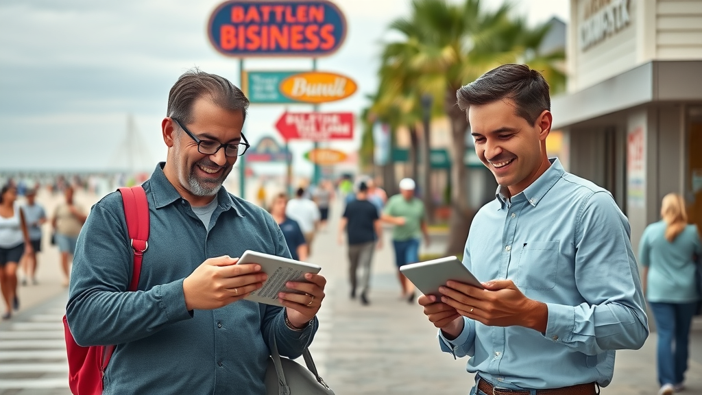 seo strategies for myrtle beach businesses, vibrant Myrtle Beach oceanfront business strip, business owners smiling with digital devices on the iconic Myrtle Beach Boardwalk with palm trees, photorealistic