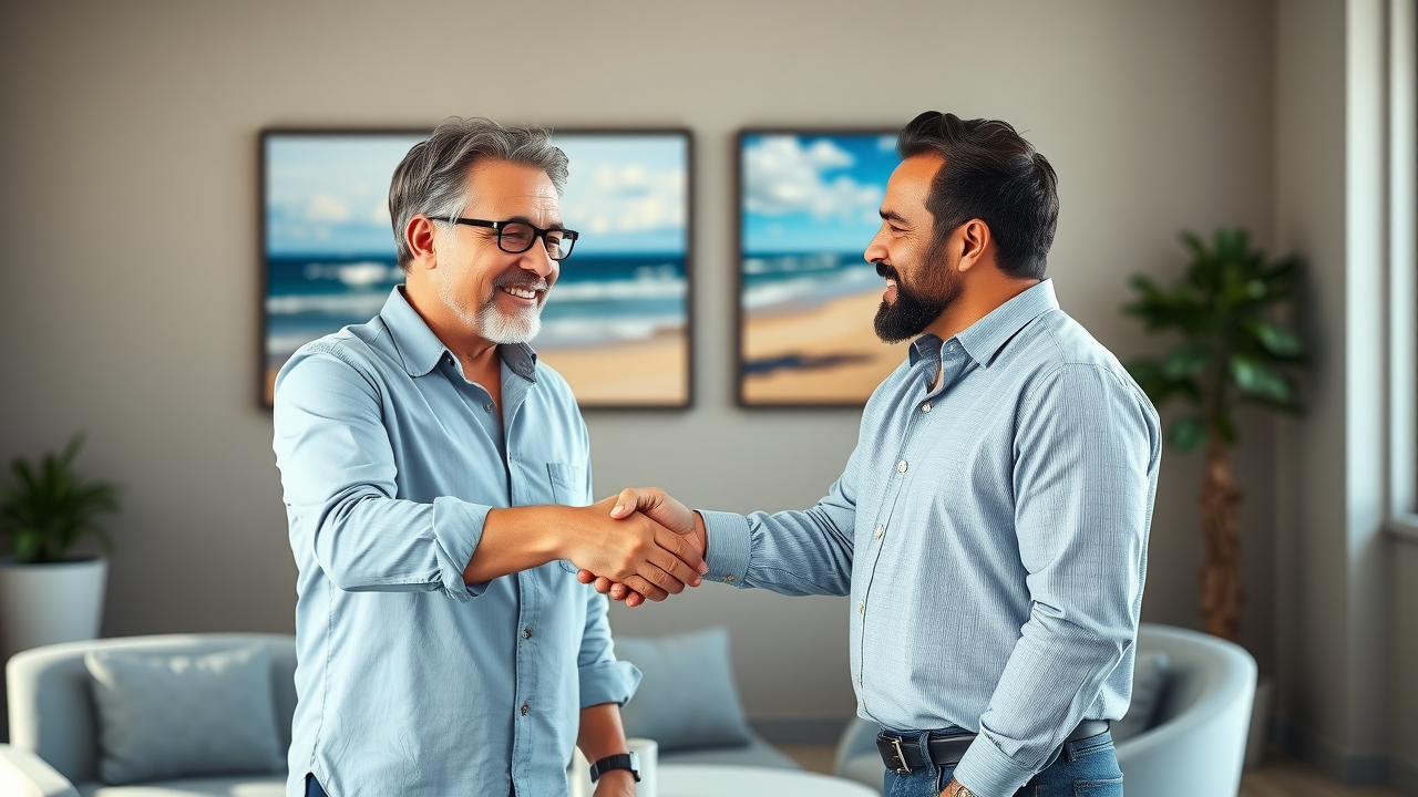 Trusted handshake between Myrtle Beach agency representative and business owner, beach artwork in conference room, lifelike and professional