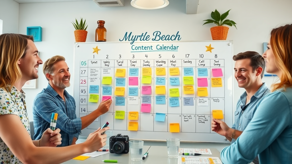 creative marketing team planning Myrtle Beach social media content calendar, collaborating and brainstorming