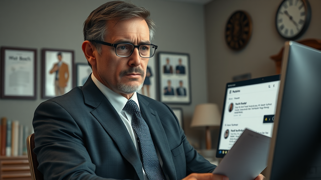 Concerned attorney reviewing negative online client feedback in a Myrtle Beach law office