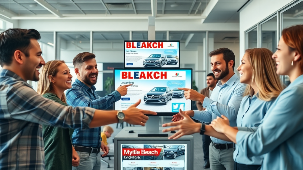 dealership marketing team brainstorming social media campaigns Myrtle Beach, digital screens with car ads, vibrant office