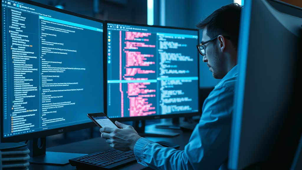Modern web designer coding a responsive Myrtle Beach business site, dual monitors, future-inspired and blue-silver workplace