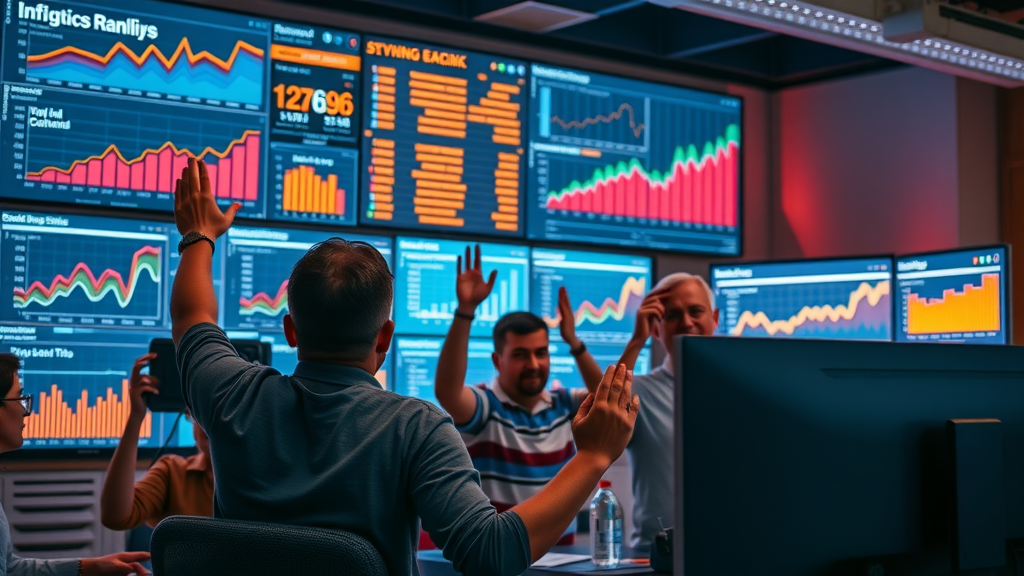 Analytics dashboard with Myrtle Beach SEO rankings, excited marketing team in office, glowing screens showing organic traffic boosts