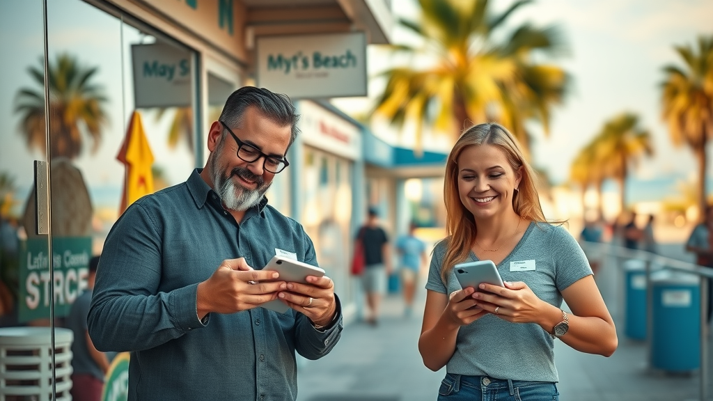 Affordable Social Media Marketing for Myrtle Beach Businesses storefronts, optimistic owners engaging with mobile devices, vibrant coastal background