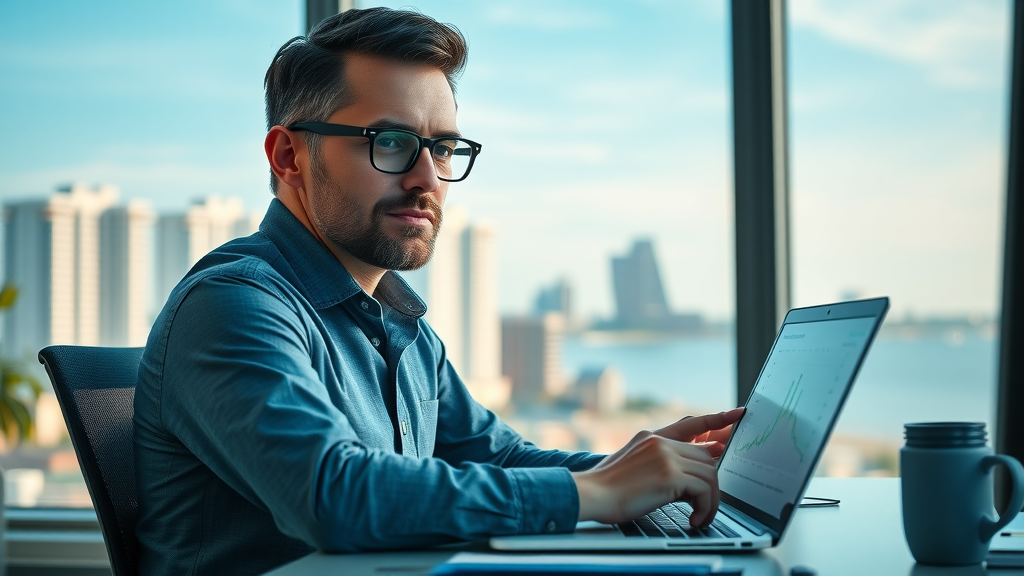 Professional marketer analyzing social media marketing for Myrtle Beach businesses with laptop and charts