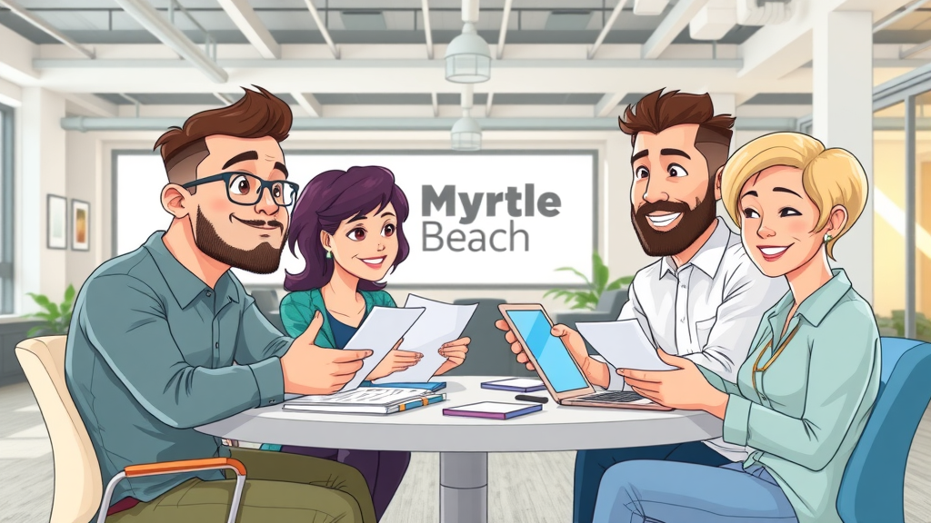 Local Myrtle Beach team collaborating on affordable social media marketing strategy in a modern space