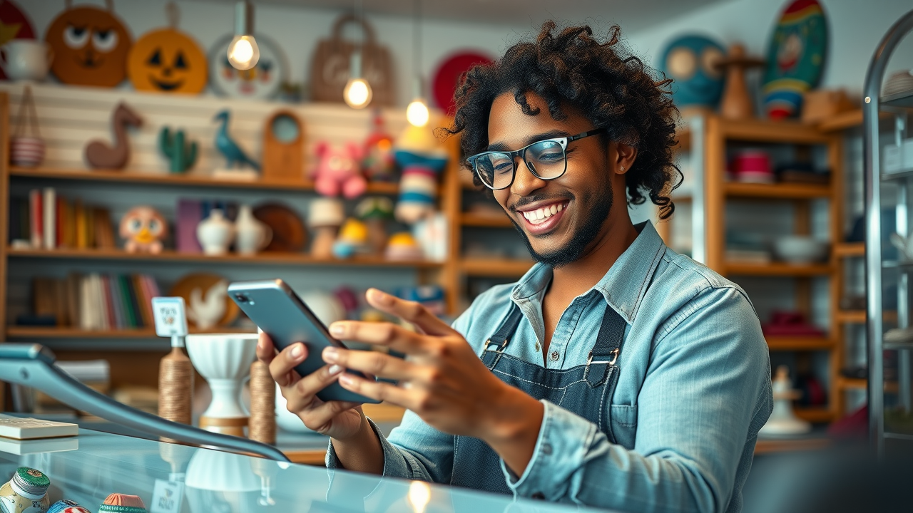 Cheerful Myrtle Beach small business owner using affordable social media marketing on smartphone in shop