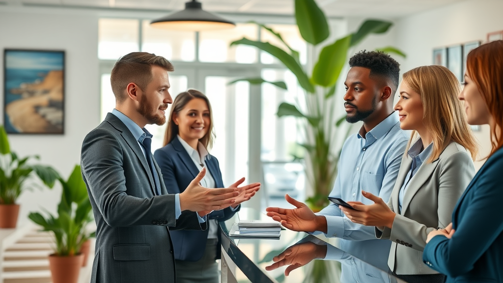 Myrtle Beach business office professionals engaging with a voice AI assistant device, tropical decor, sunlit lobby – voice ai assistant in myrtle beach