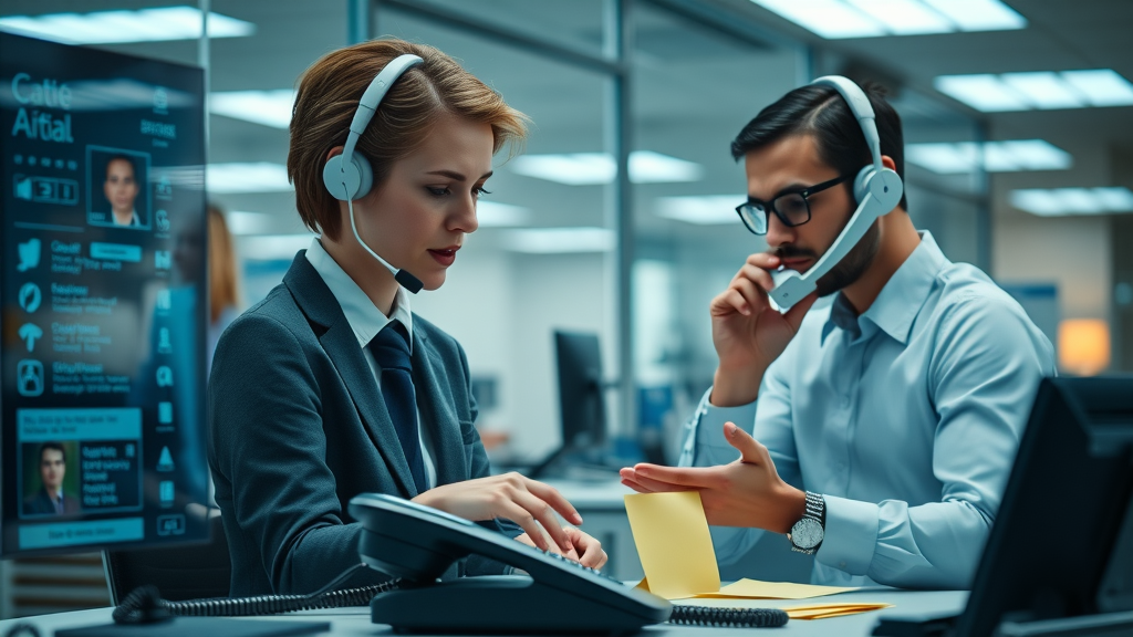 Digital AI answering interface and human operator, side-by-side in a Myrtle Beach office – contrasting reliability of voice ai assistant in myrtle beach