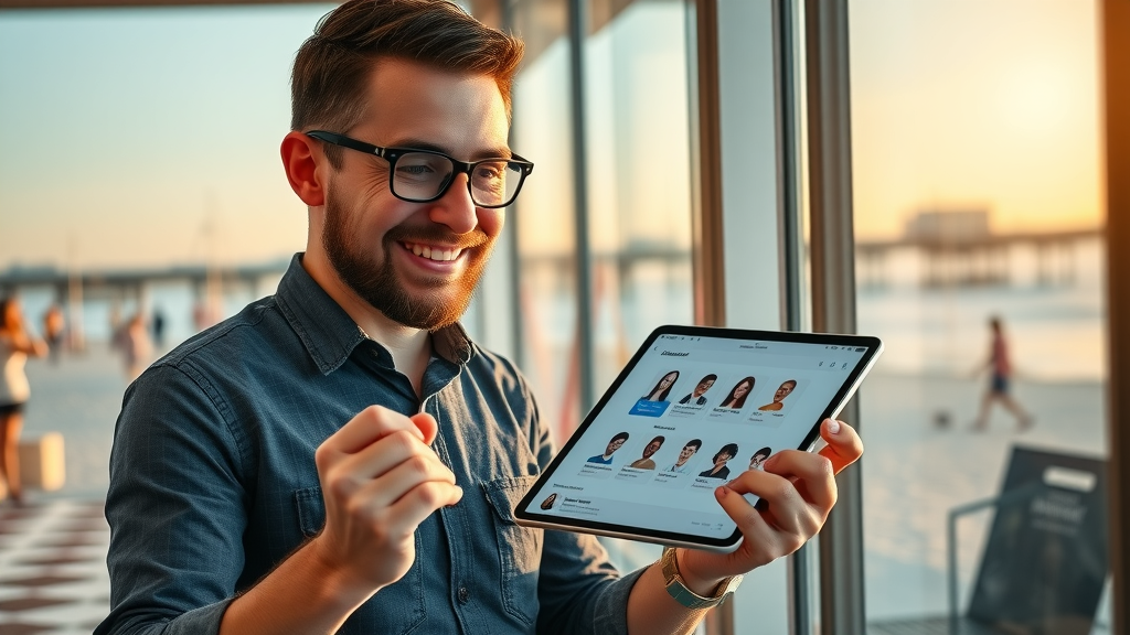 Myrtle Beach small business owner reviewing positive feedback on AI dashboard — voice ai assistant in myrtle beach competitive advantage